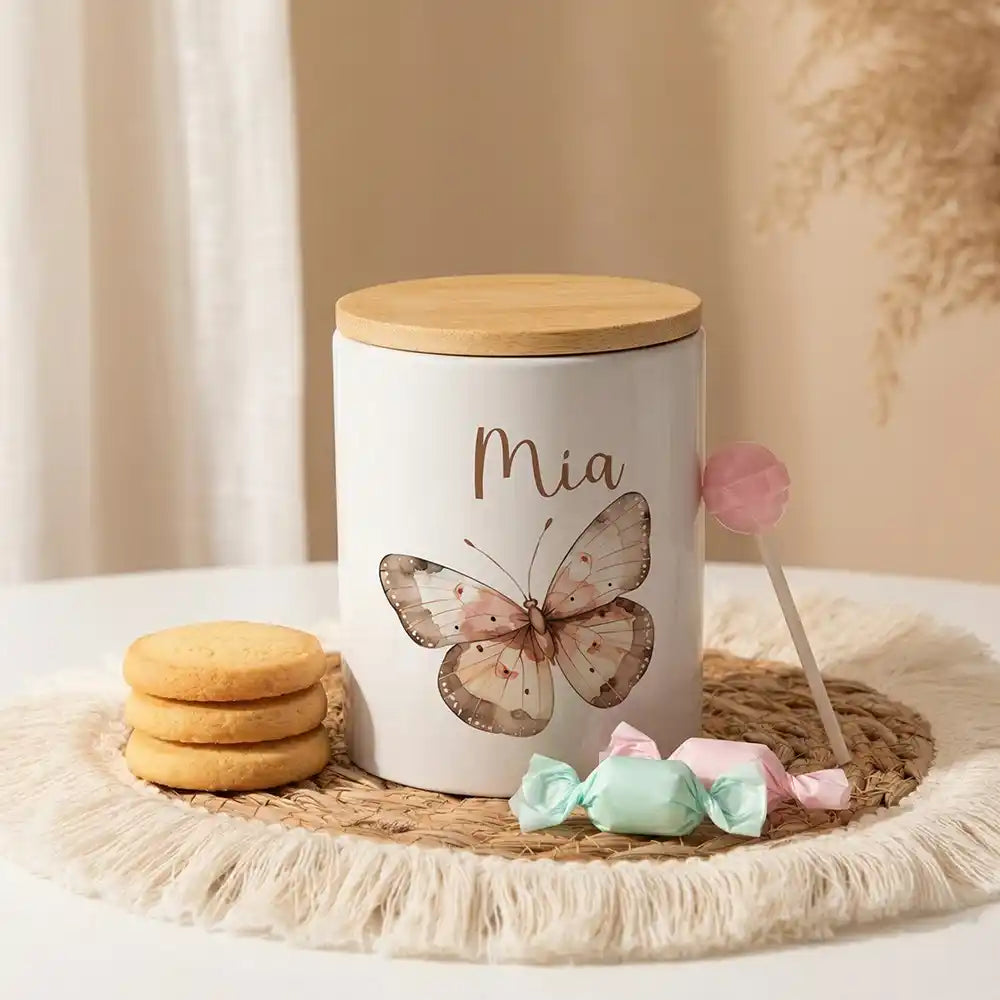 Personalisierte Keksdose Schmetterling aus Keramik mit Bambusdeckel - Wunschname - kidsmuod.com