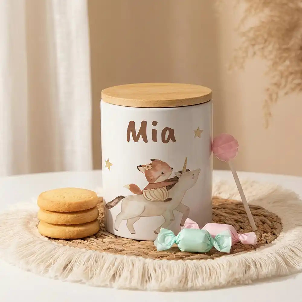 Personalisierte Keksdose Fuchs & Einhorn aus Keramik mit Bambusdeckel - Wunschname - kidsmuod.com