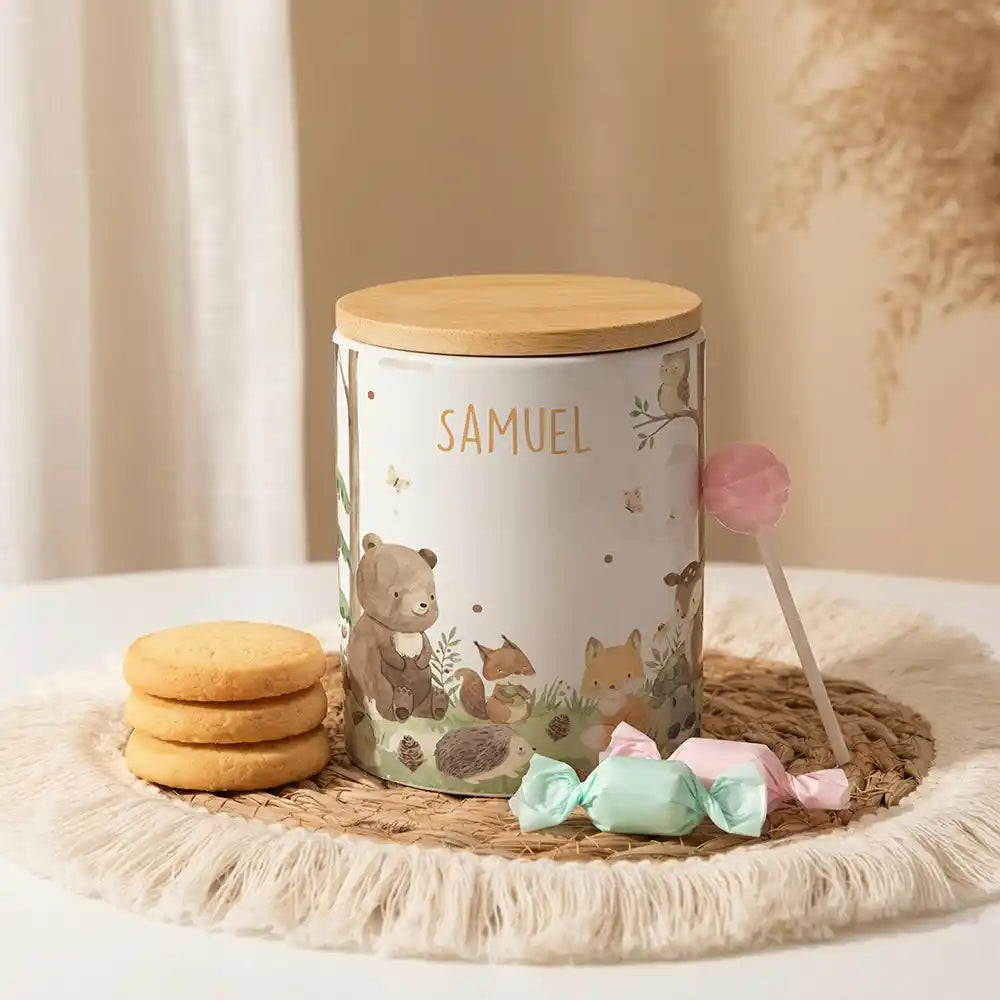 Personalisierte Keksdose Waldfreunde I aus Keramik mit Bambusdeckel - Wunschname - kidsmuod.com
