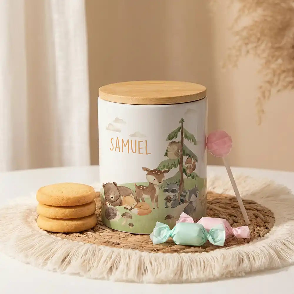 Personalisierte Keksdose Waldszene V aus Keramik mit Bambusdeckel - Wunschname - kidsmuod.com