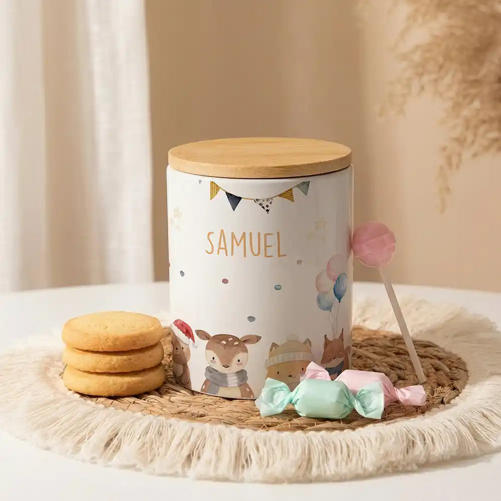 Personalisierte Keksdose Waldtiere Geburtstag aus Keramik mit Bambusdeckel - Wunschname - kidsmuod.com