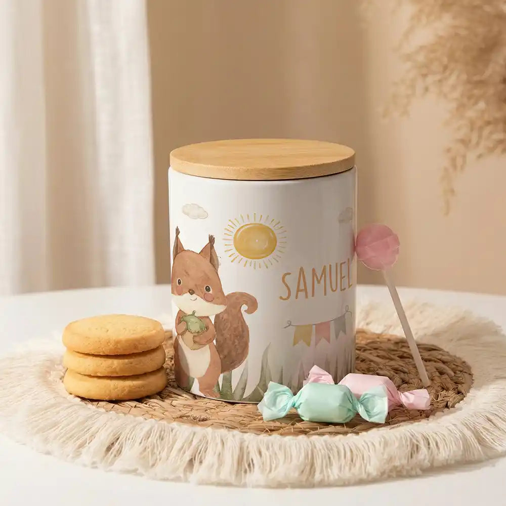 Personalisierte Keksdose Eichhörnchen Sommer aus Keramik mit Bambusdeckel - Wunschname - kidsmuod.com