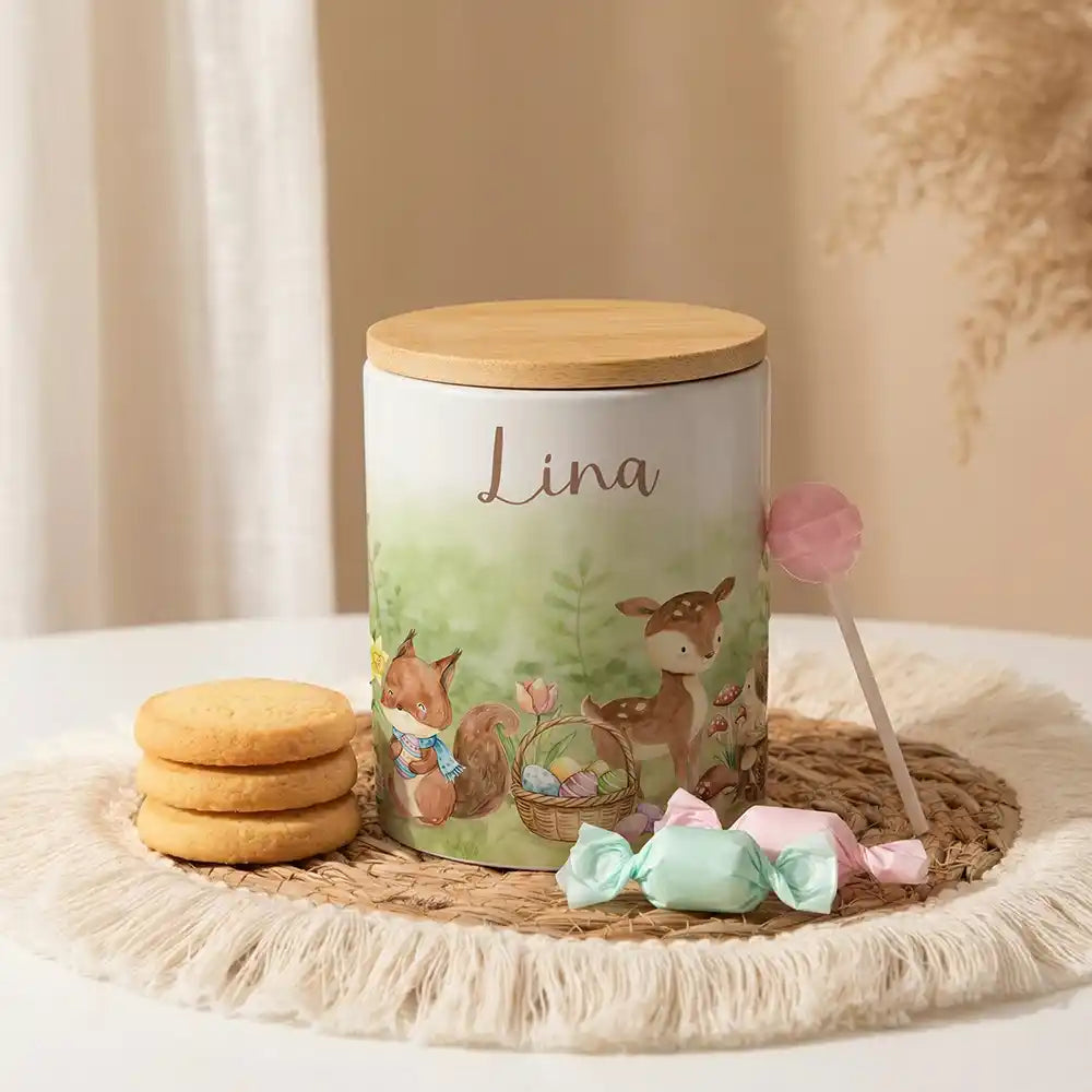 Personalisierte Keksdose Ostern Reh & Fuchs aus Keramik mit Bambusdeckel - Wunschname - kidsmuod.com