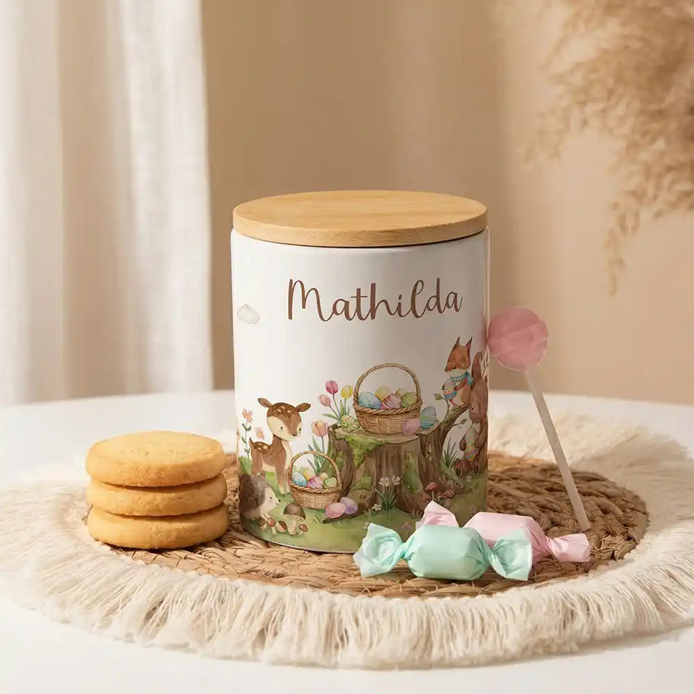 Personalisierte Keksdose Ostern Rehkitz aus Keramik mit Bambusdeckel - Wunschname - kidsmuod.com