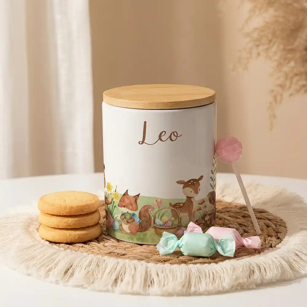 Personalisierte Keksdose Ostern Frühlingswiese aus Keramik mit Bambusdeckel - Wunschname - kidsmuod.com