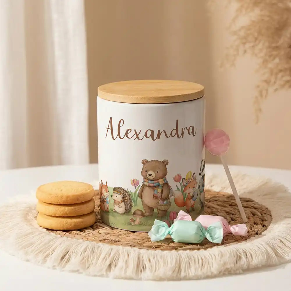 Personalisierte Keksdose Herbst-Waldtiere aus Keramik mit Bambusdeckel - Wunschname - kidsmuod.com