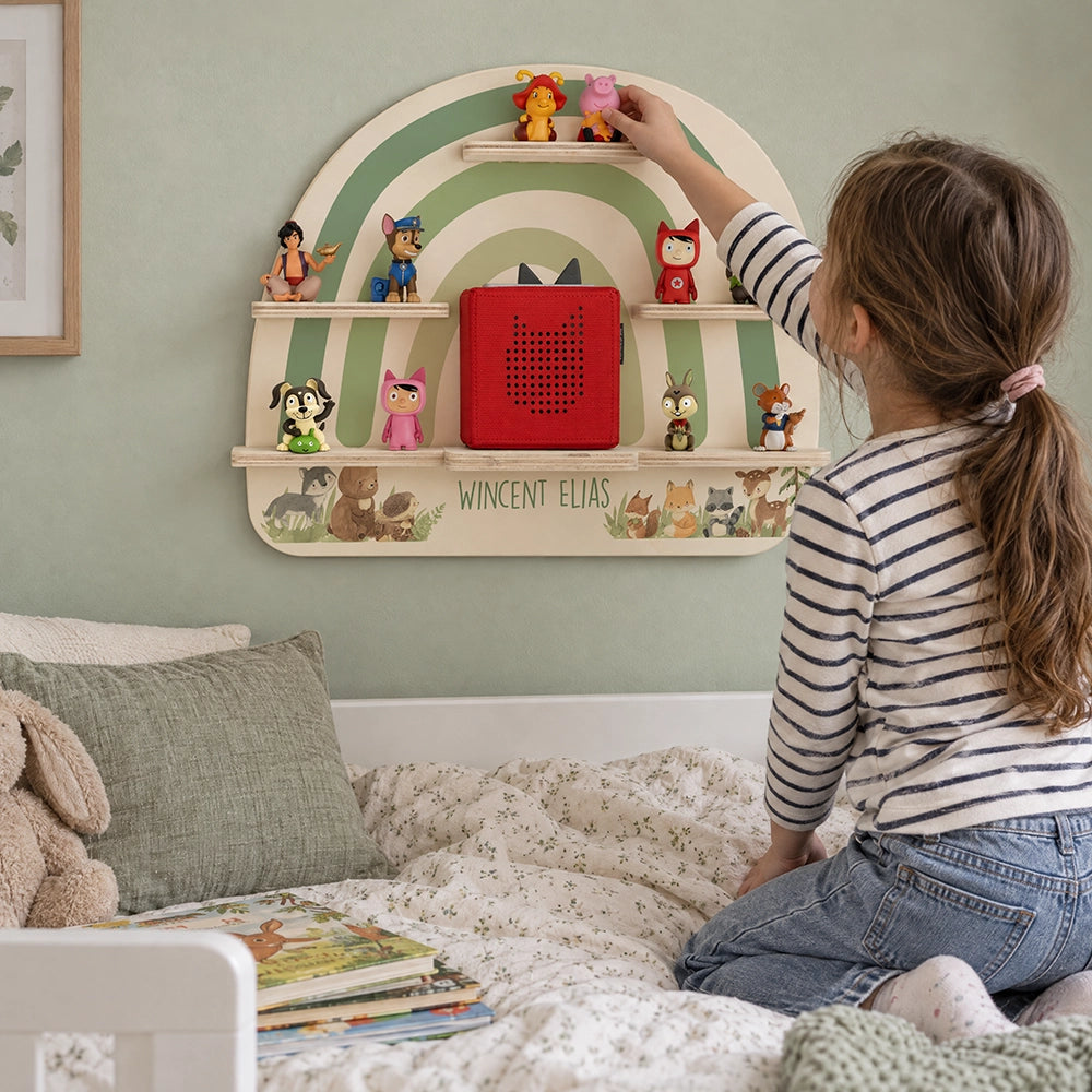 Tonie Regal aus Holz, Toniebox Regal personalisiert Bunter Regenbogen