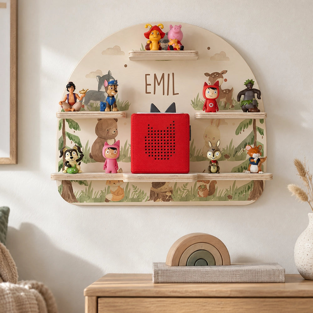 Tonie Regal aus Holz, Toniebox Regal personalisiert niedliche Waldtiere