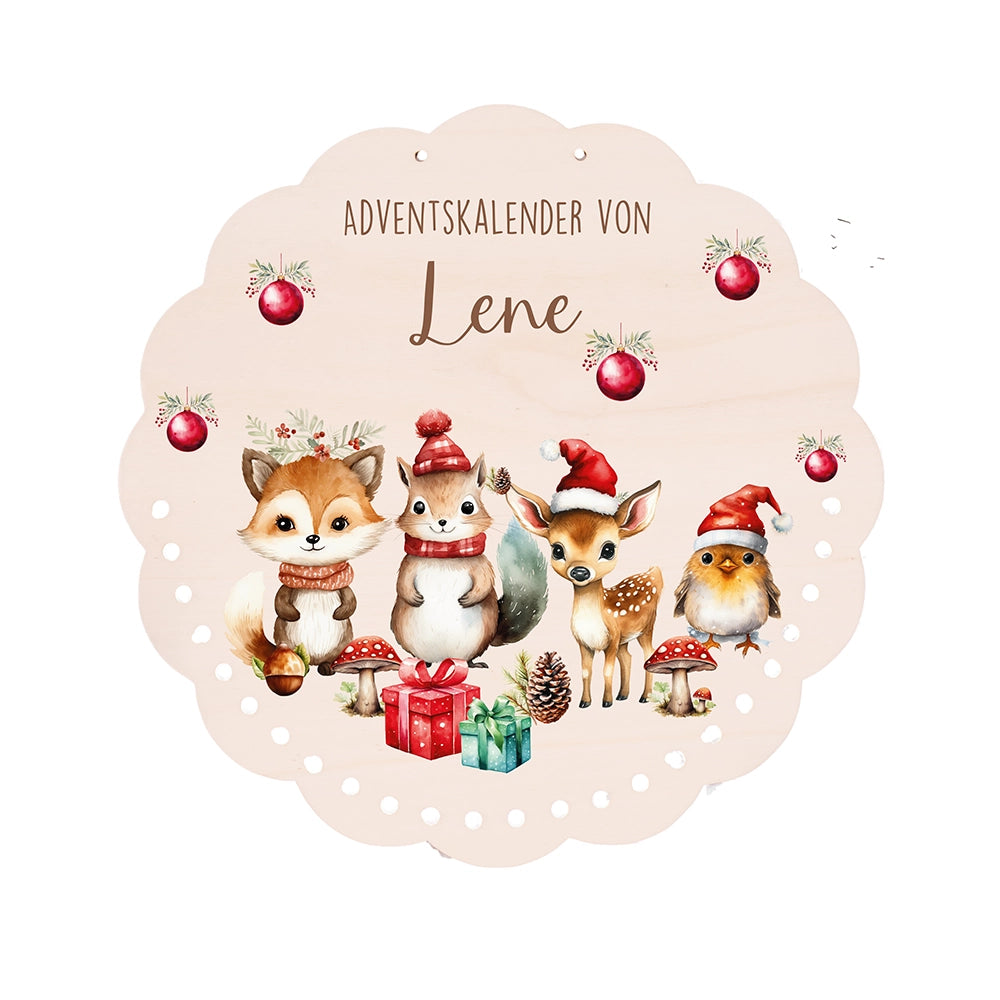 Personalisierter runder Adventskalender Kinder aus Holz - Tierische Weihnachtsfeier