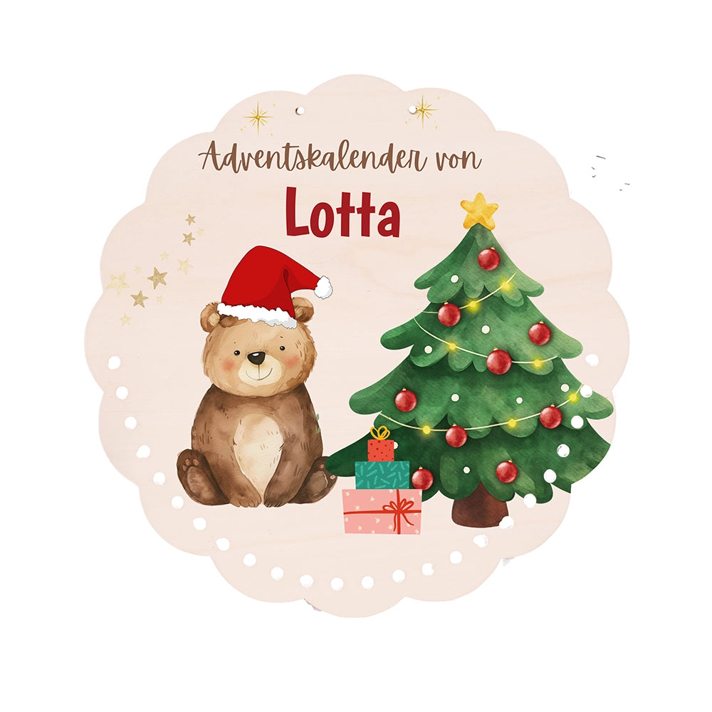 Personalisierter runder Adventskalender Kinder aus Holz - Weihnachtsbär