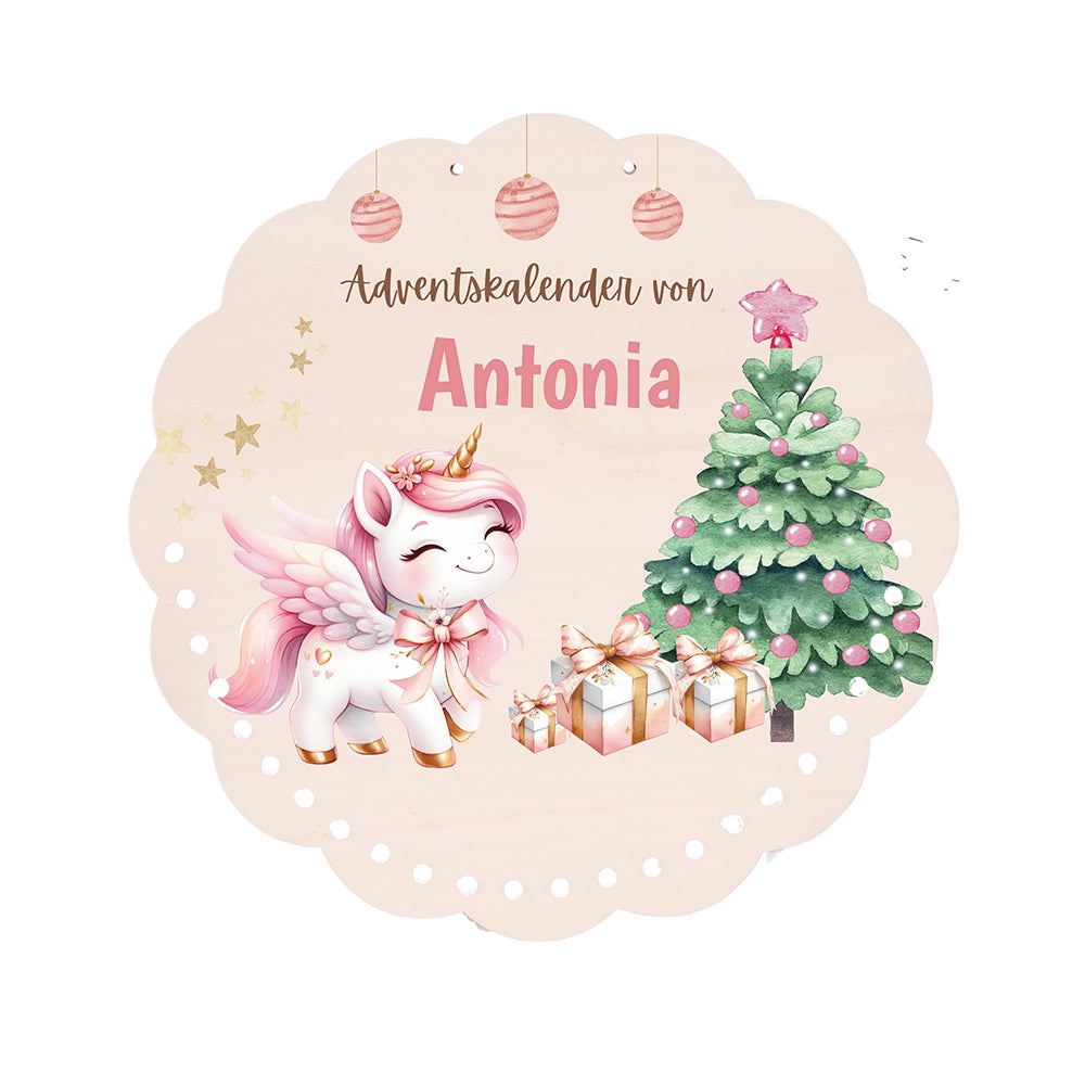 Personalisierter runder Adventskalender Kinder aus Holz - Baby Einhorn