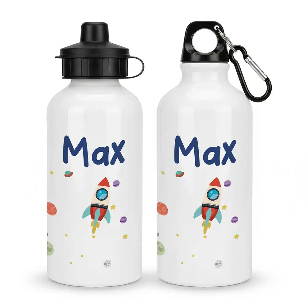 Personalisierte Trinkflasche Kinder Rakete Weltall – Alu 500 ml Hauptbild mit Wunschname