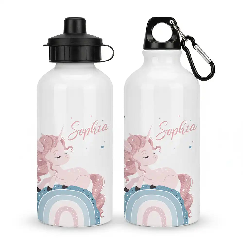 Personalisierte Trinkflasche Kinder Einhorn Rosa Regenbogen – Alu 500 ml Hauptbild mit Wunschname