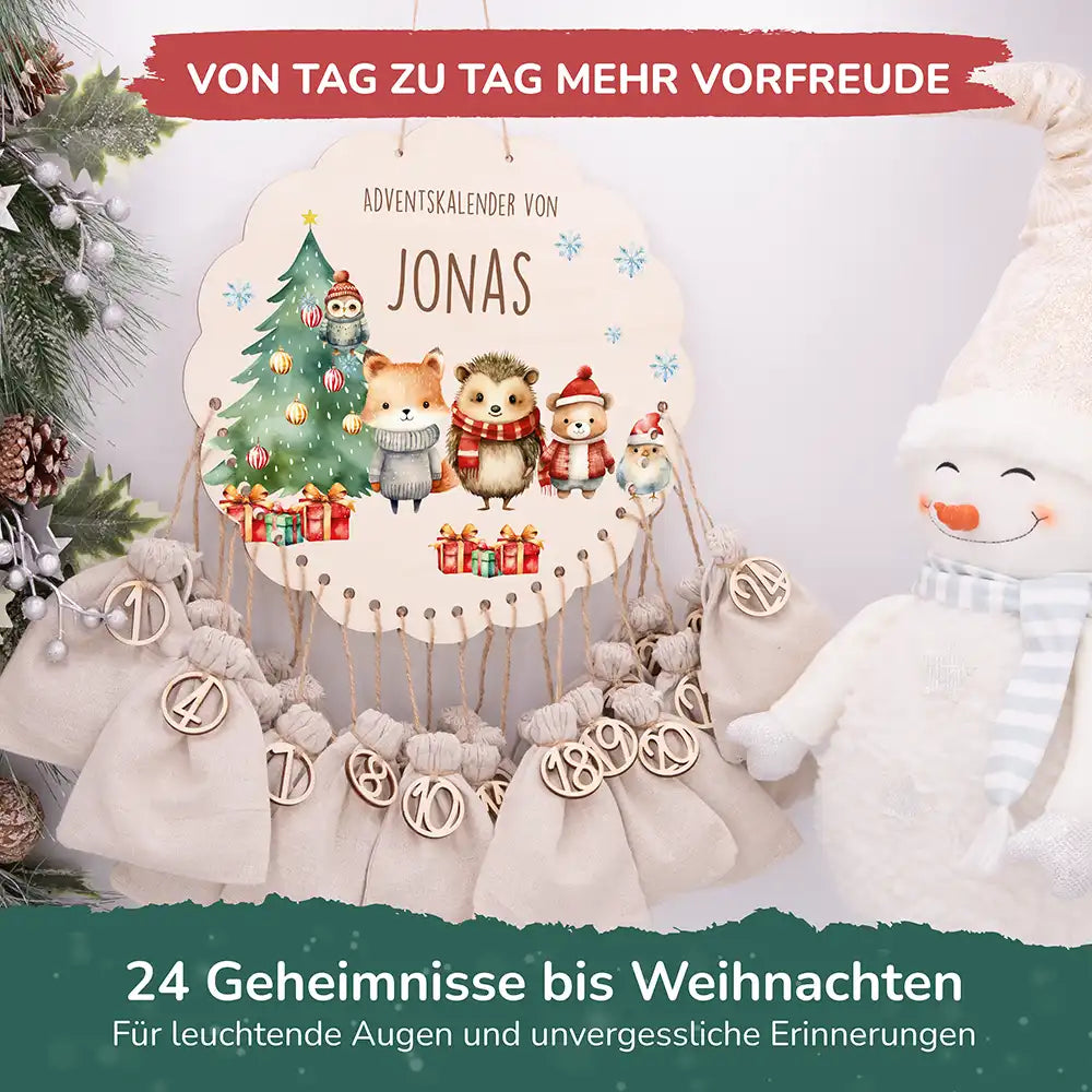 Personalisierter runder Adventskalender Kinder aus Holz - Winterwunderland
