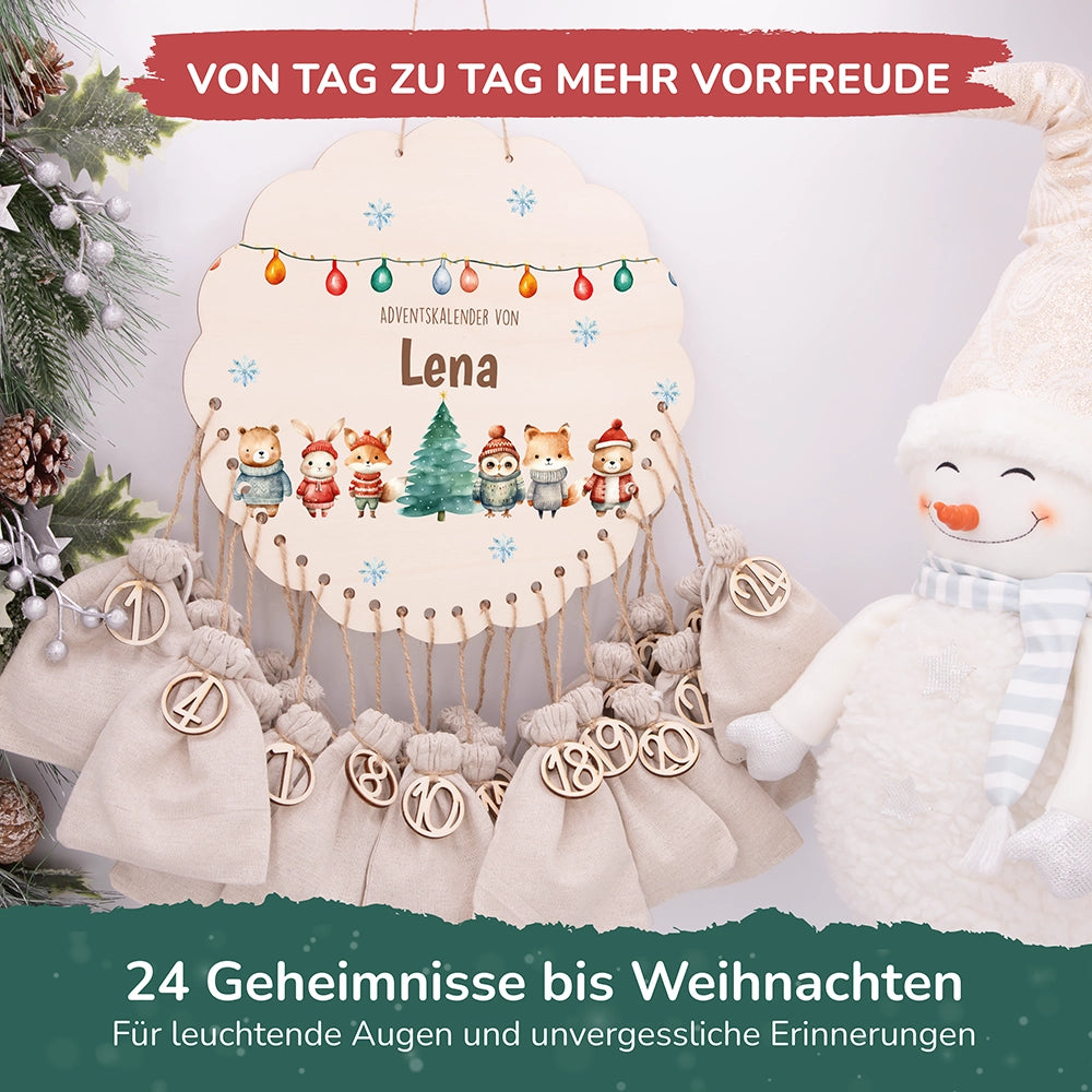 Personalisierter runder Adventskalender Kinder aus Holz - Niedliche Waldfreunde