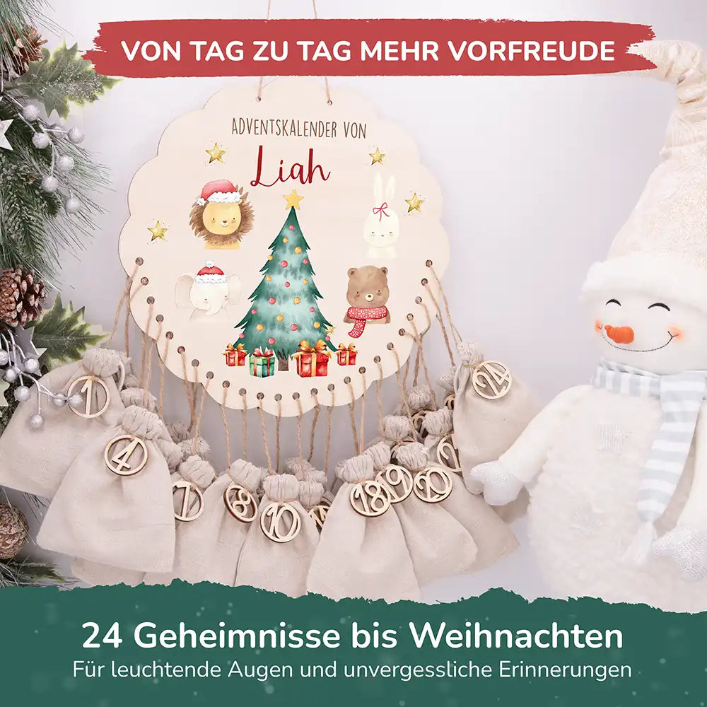 Personalisierter runder Adventskalender Kinder aus Holz - Weihnachtliche Tierwelt