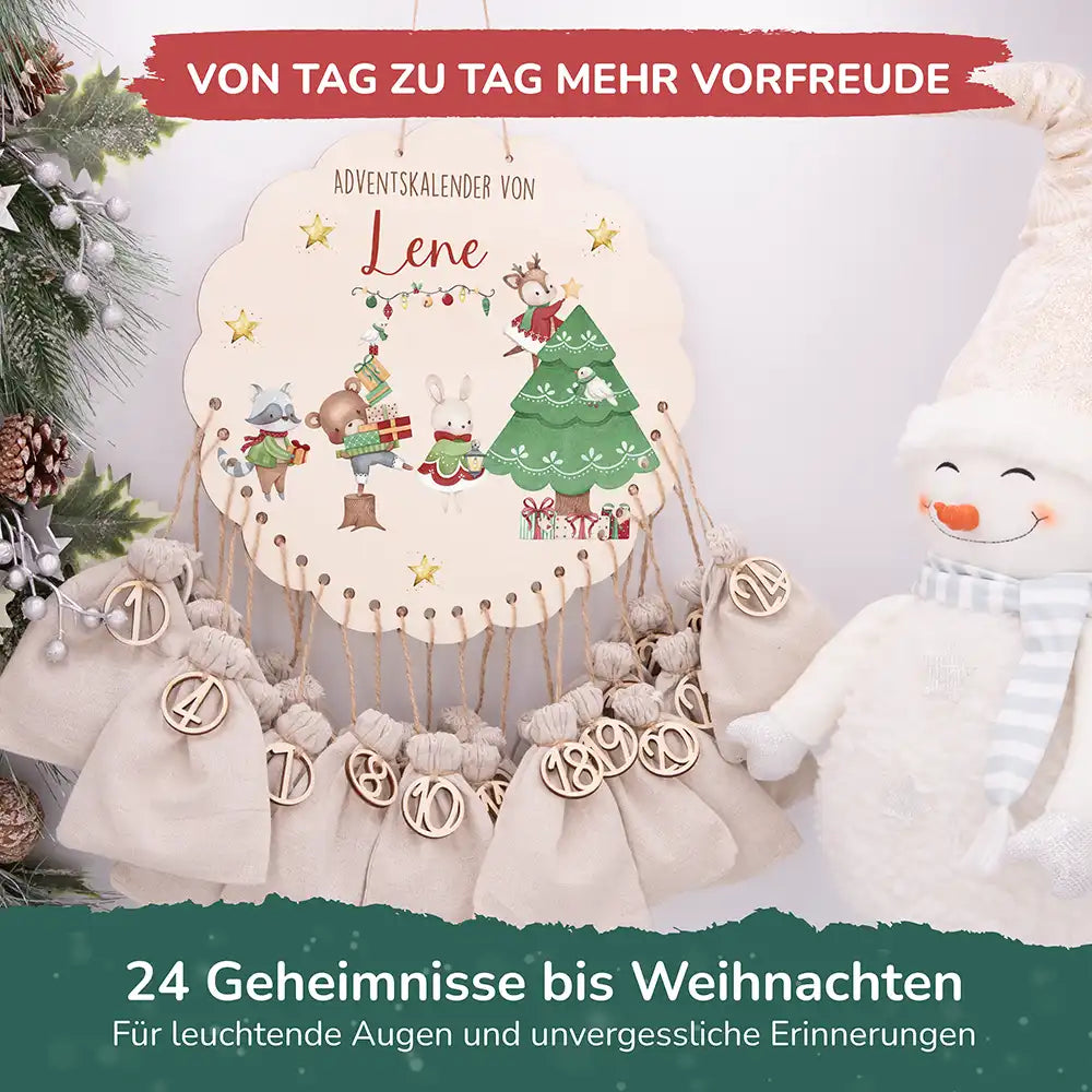 Personalisierter runder Adventskalender Kinder aus Holz - Festliche Waldszene