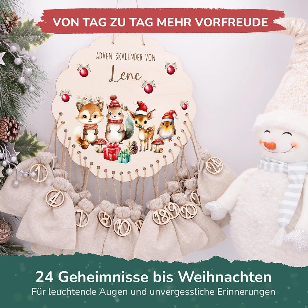 Personalisierter runder Adventskalender Kinder aus Holz - Tierische Weihnachtsfeier