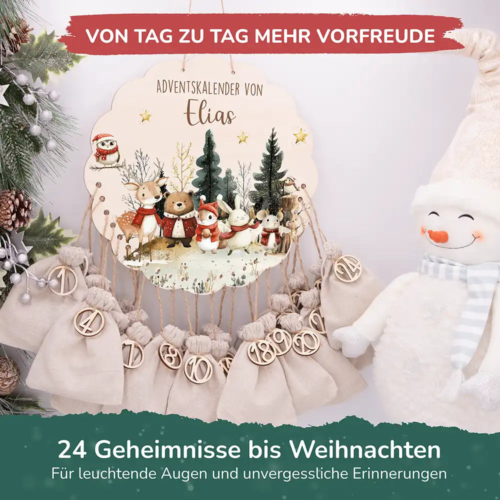 Personalisierter runder Adventskalender Kinder aus Holz - Weihnachtsdorf