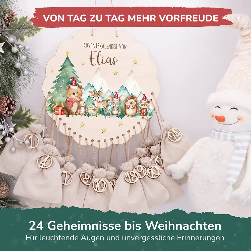 Personalisierter runder Adventskalender Kinder aus Holz - Winterwald & seine Bewohner