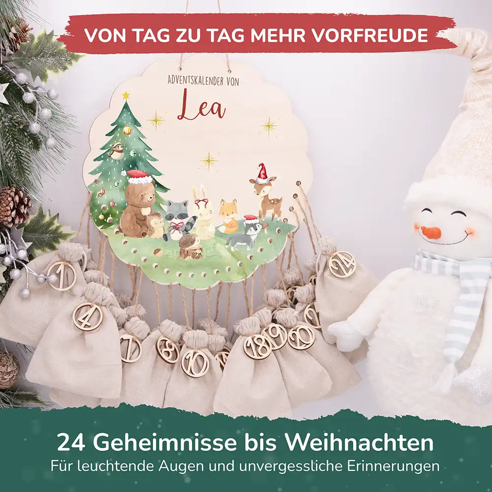 Personalisierter runder Adventskalender Kinder aus Holz - Niedliche Waldfreunde