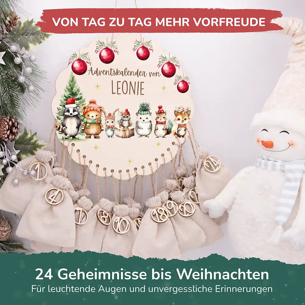 Personalisierter runder Adventskalender Kinder aus Holz - Kuschelige Winterfreunde