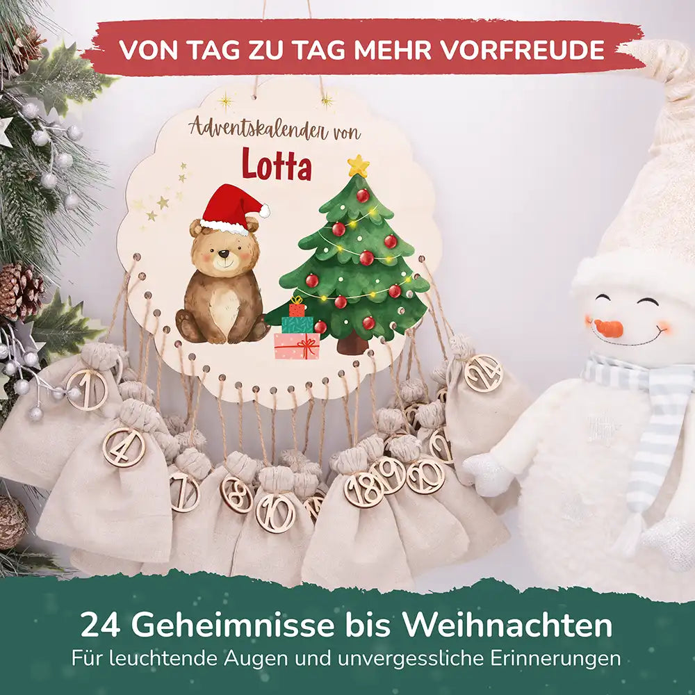 Personalisierter runder Adventskalender Kinder aus Holz - Weihnachtsbär
