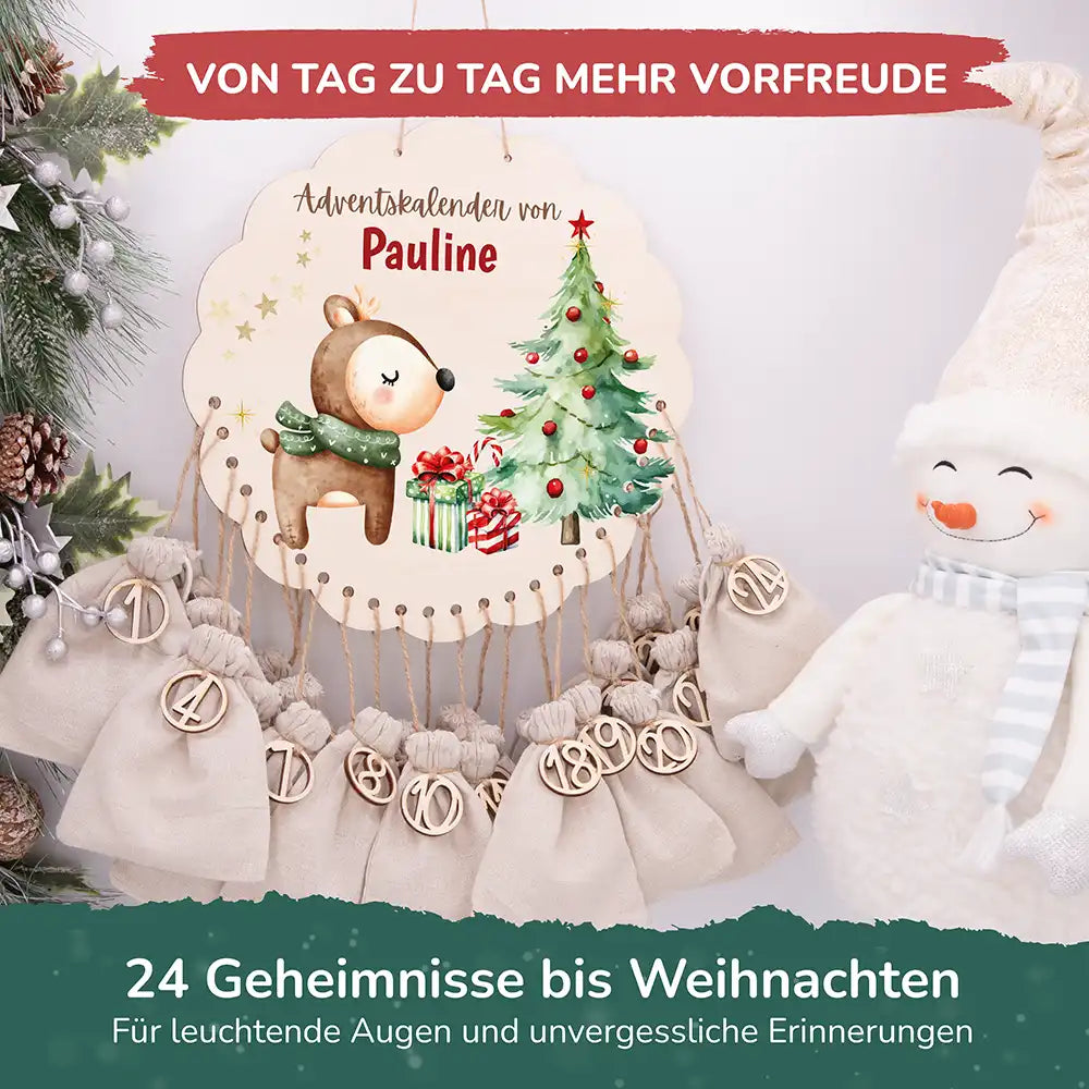 Personalisierter runder Adventskalender Kinder aus Holz - Baby Reh