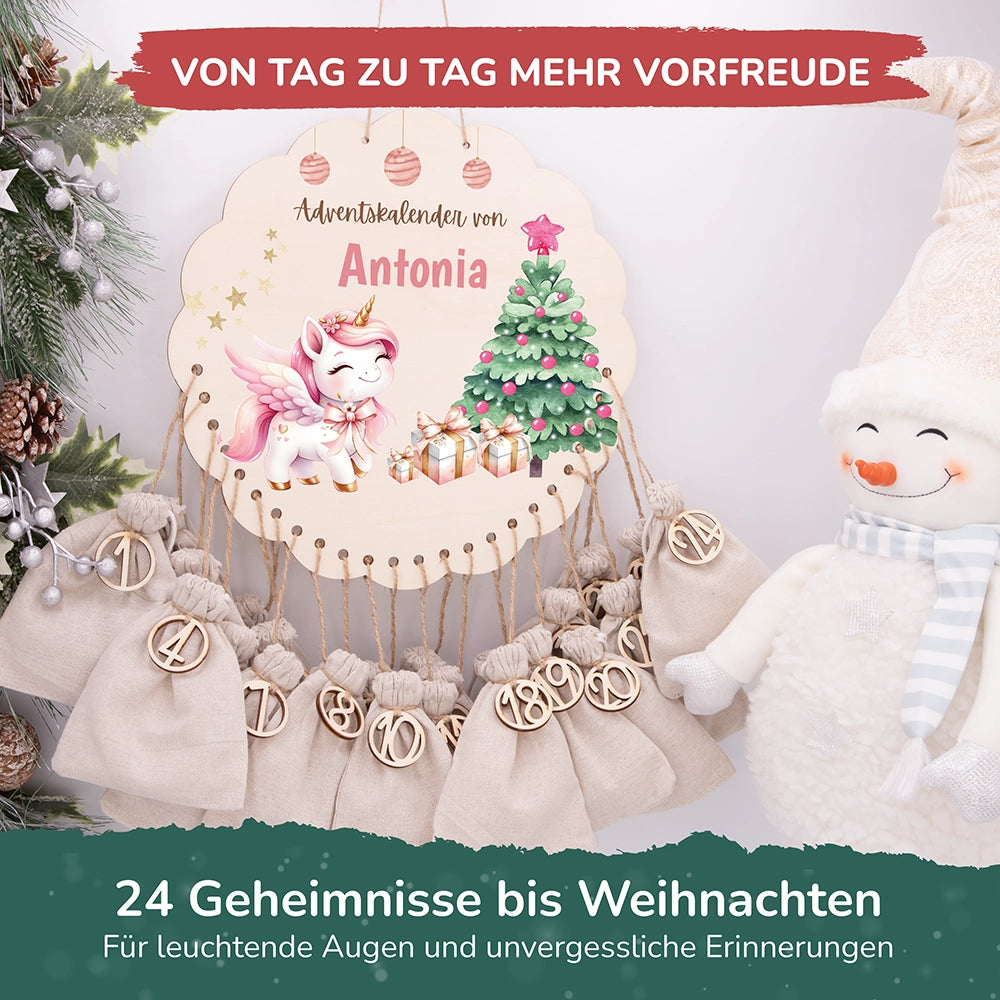 Personalisierter runder Adventskalender Kinder aus Holz - Baby Einhorn