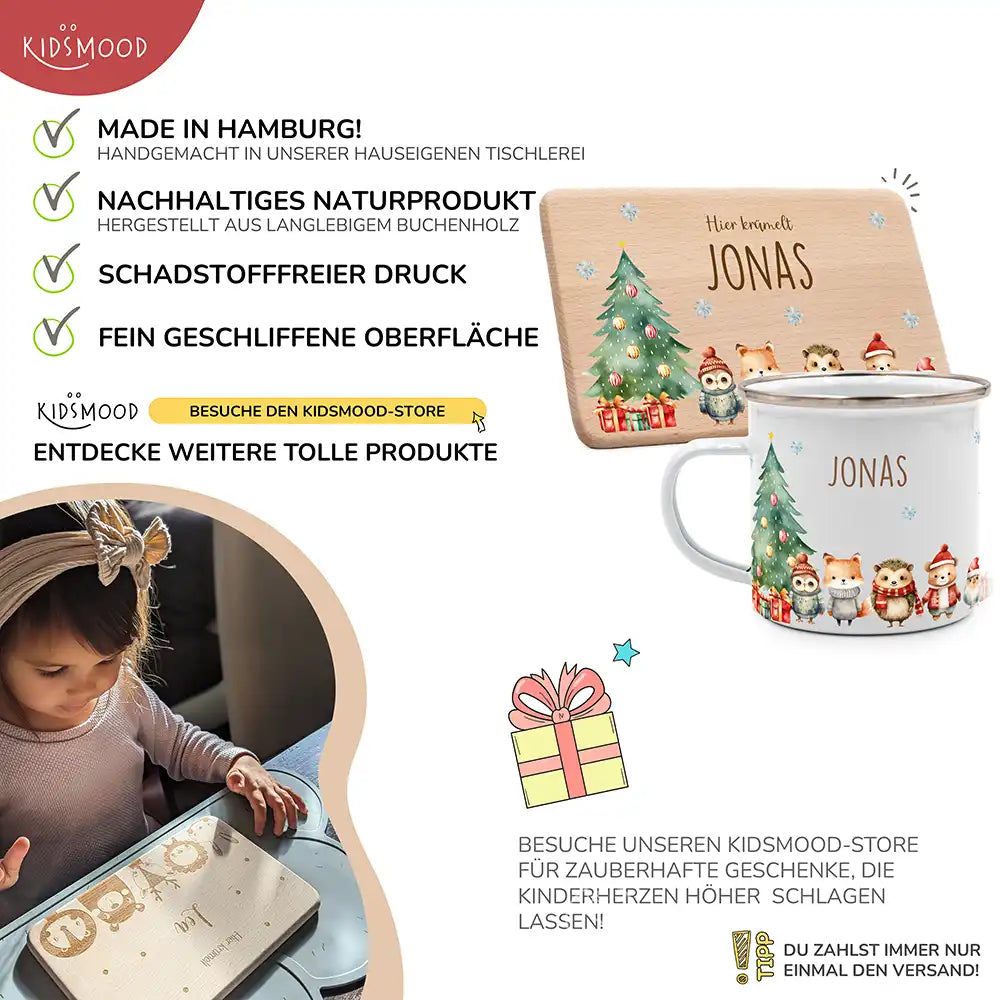 Weihnachts-Set Frühstücksbrettchen und Emaille Tasse - Fuchs & Häschen-Freunde