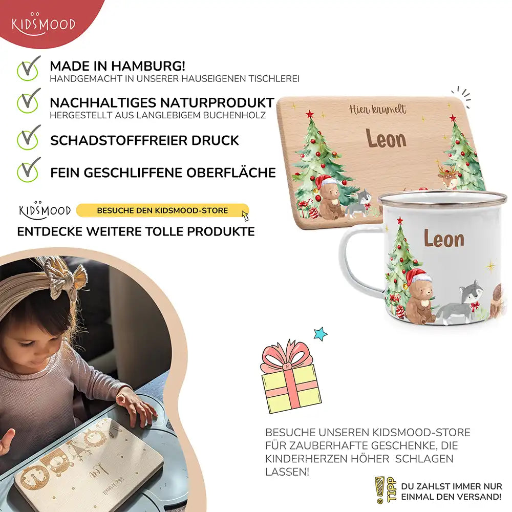 Weihnachts-Set Frühstücksbrettchen und Emaille Tasse - Niedliche Waldtiere