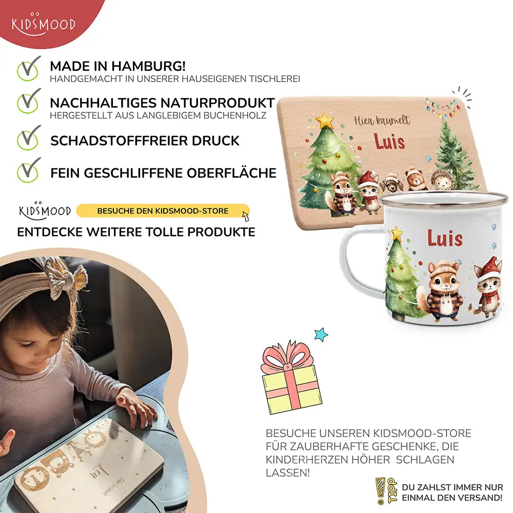 Weihnachts-Set Frühstücksbrettchen und Emaille Tasse - Schneeflocken-Bande