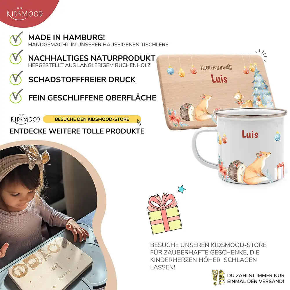 Weihnachts-Set Frühstücksbrettchen und Emaille Tasse - Fuchs im Wald