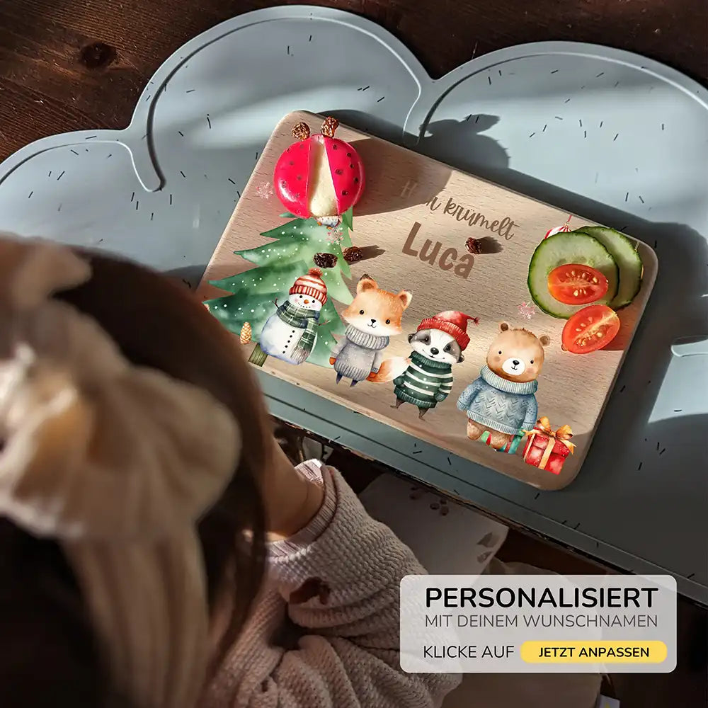 Weihnachts-Set Frühstücksbrettchen und Emaille Tasse - Kuscheltier-Abenteuer