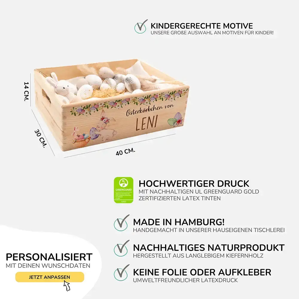 Osterkiste Holz personalisiert - Blütenranken & Häschen