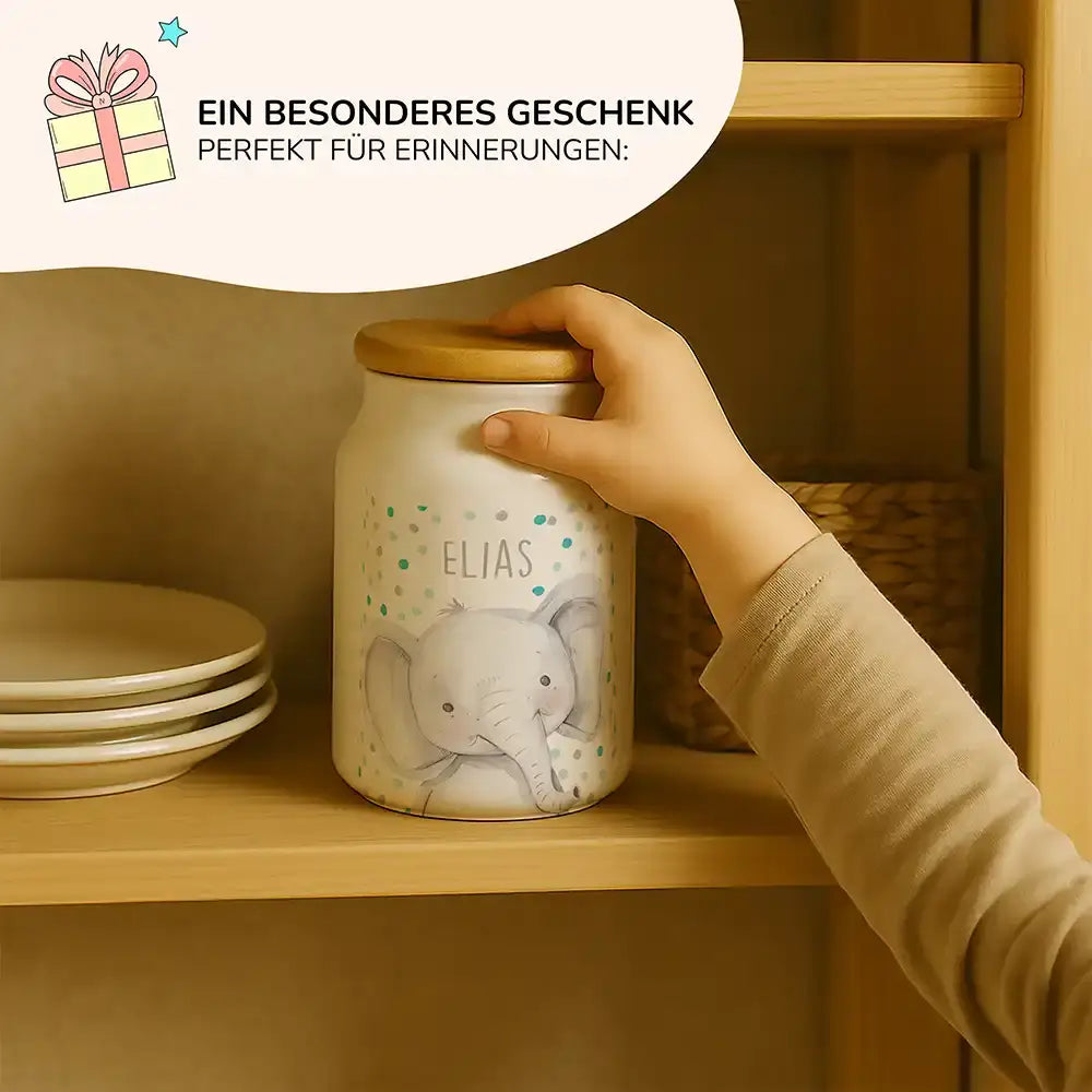 Personalisierbare Keksdose mit Name - Elefant mit Punkten