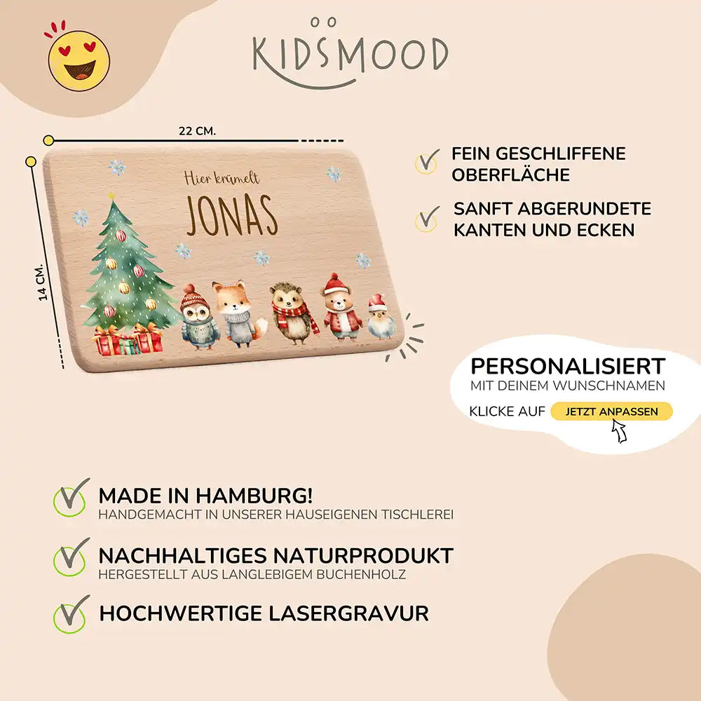 Weihnachts-Set Frühstücksbrettchen und Emaille Tasse - Fuchs & Häschen-Freunde