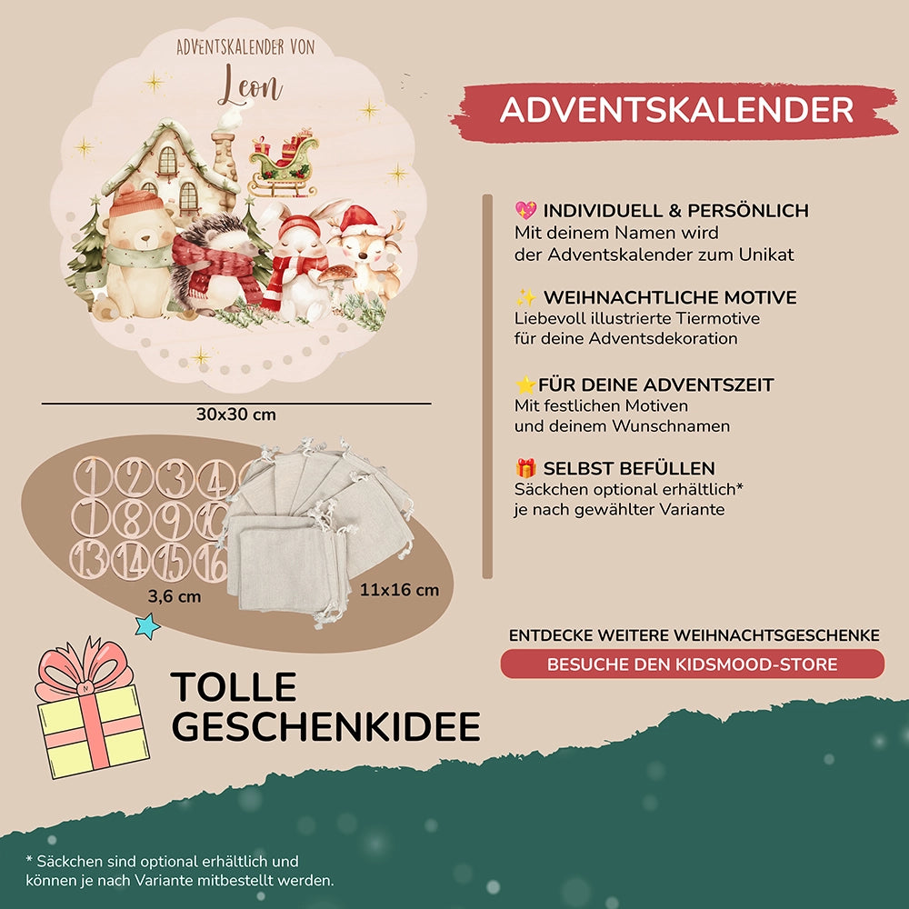 Personalisierter runder Adventskalender Kinder aus Holz - Waldtiere im Winterzauber