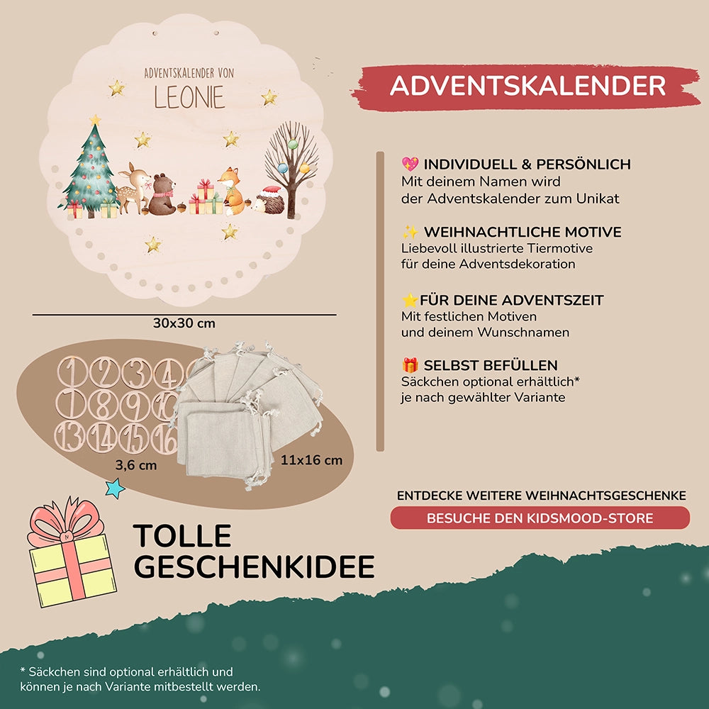 Personalisierter runder Adventskalender Kinder aus Holz - Tiere im Schneegestöber