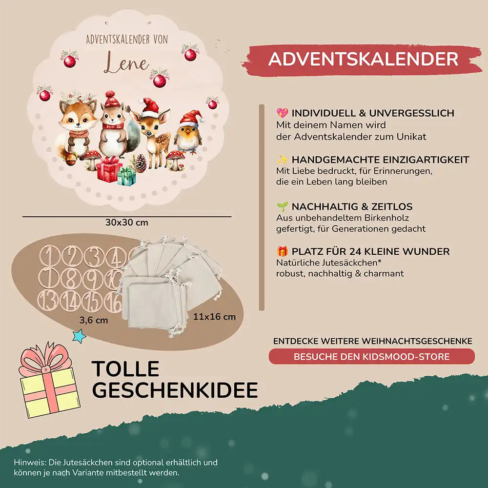 Personalisierter runder Adventskalender Kinder aus Holz - Tierische Weihnachtsfeier