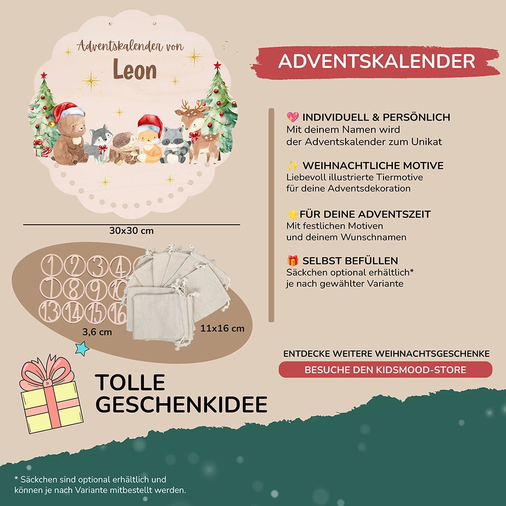 Personalisierter runder Adventskalender Kinder aus Holz - Winterwunderland