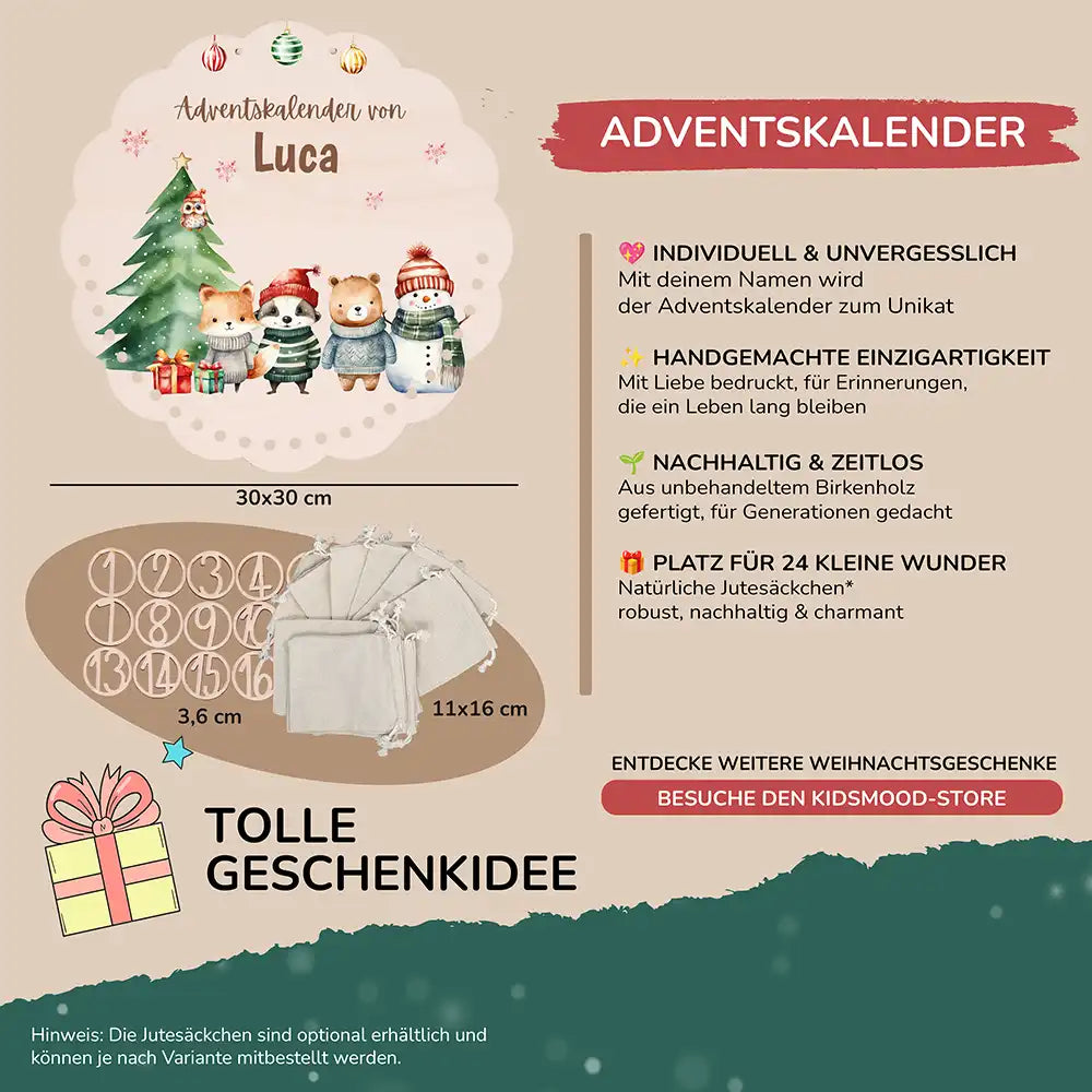 Personalisierter runder Adventskalender Kinder aus Holz - Tierische Weihnachtsbande