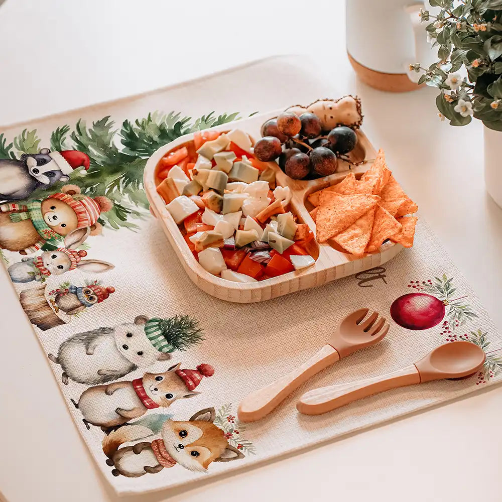Tischset Kinder personalisiert Weihnachtsmotiv - GlĂĽckliche Tiergesellschaft