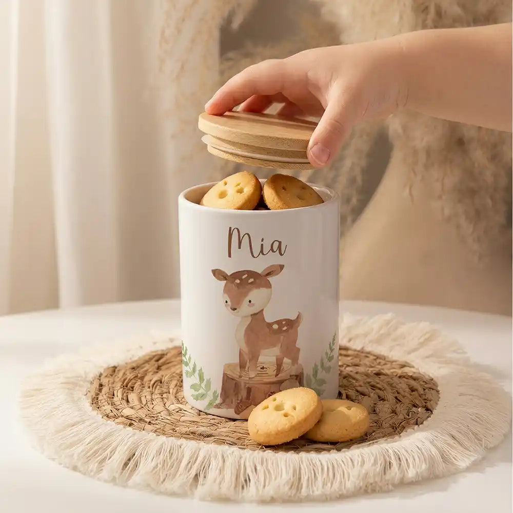 Personalisierte Keksdose Rehkitz Wald als Zahnbürsten- & Stiftehalter (2-in-1)