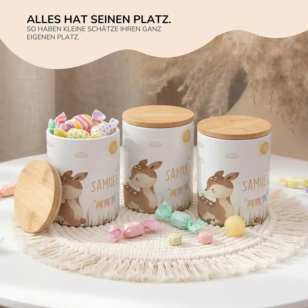 Lifestyle: Personalisierte Keksdose Rehkitz Sonne im Kinderzimmer