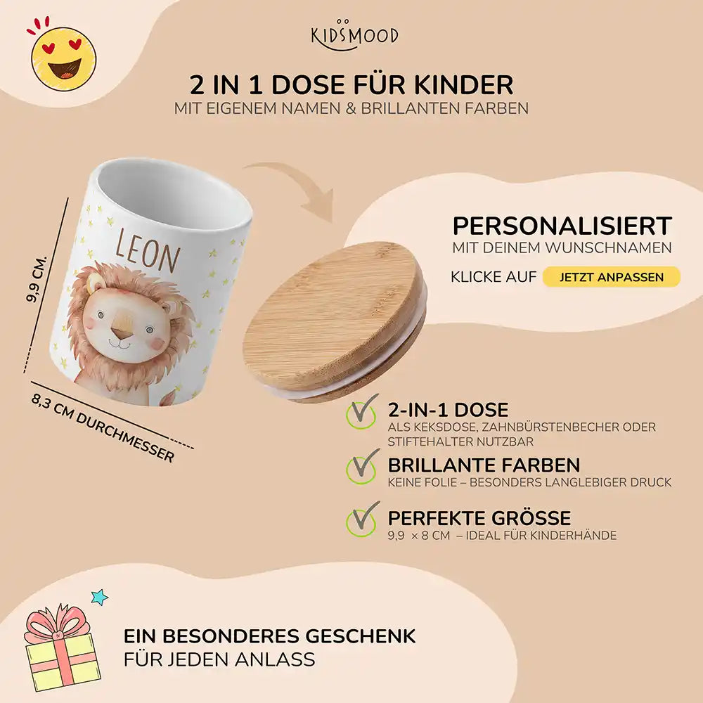 Personalisierte Keksdose Löwe Sterne - mit eigenem Namen fuer kleine Schleckermaeuler