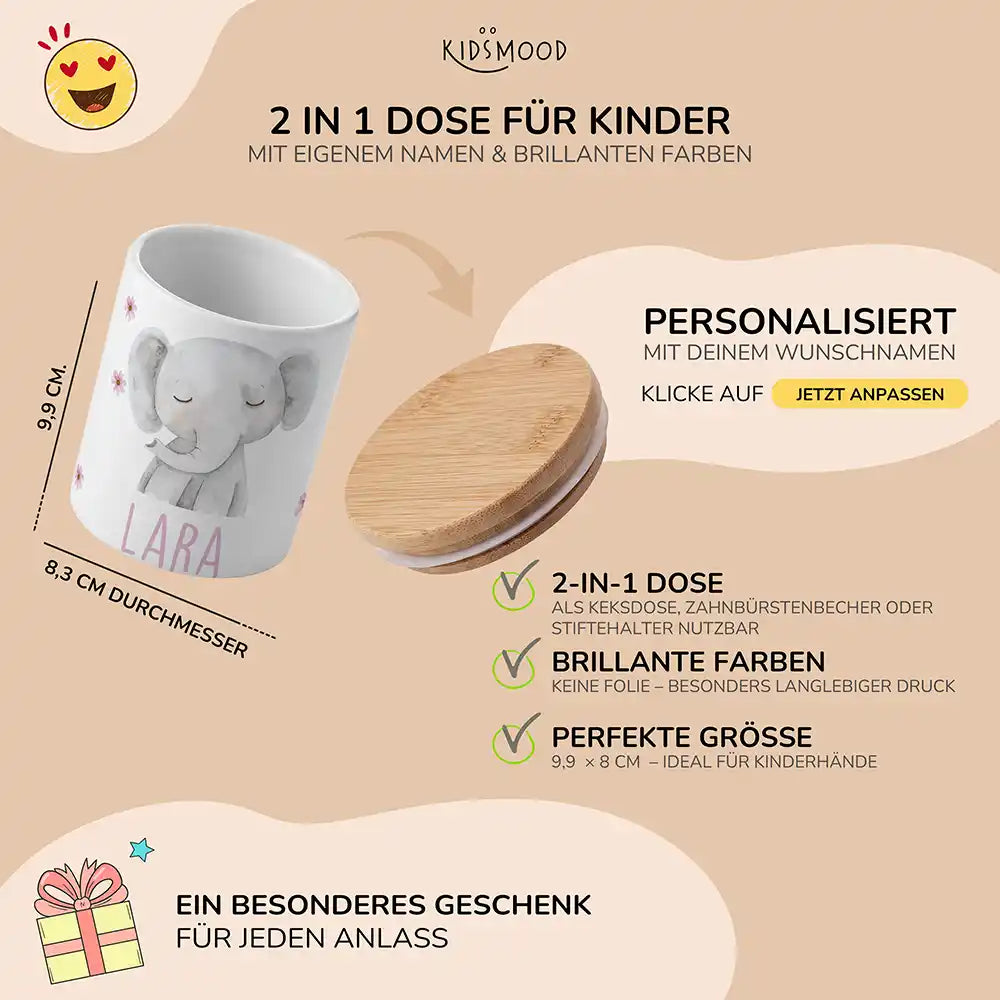 Personalisierte Keksdose Elefant Blumen - mit eigenem Namen fuer kleine Schleckermaeuler