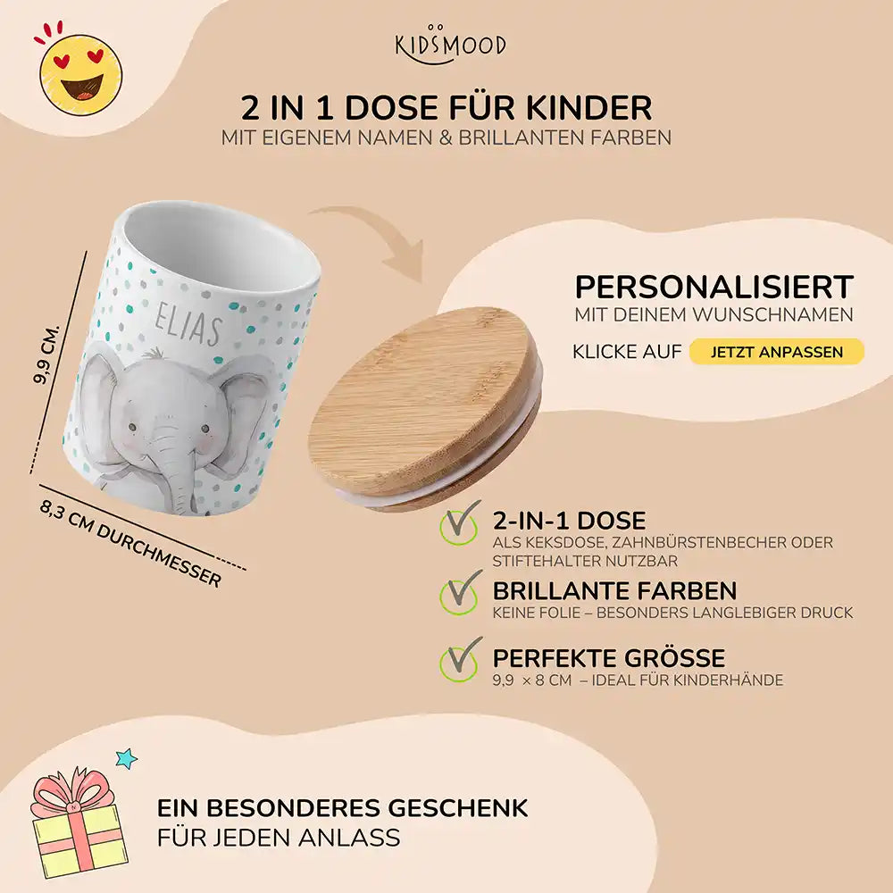 Personalisierte Keksdose Elefant Konfetti - mit eigenem Namen fuer kleine Schleckermaeuler