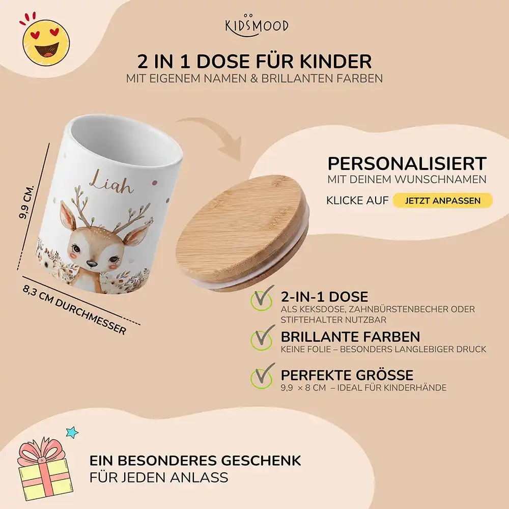 Personalisierte Keksdose Rehkitz Zweige - mit eigenem Namen fuer kleine Schleckermaeuler