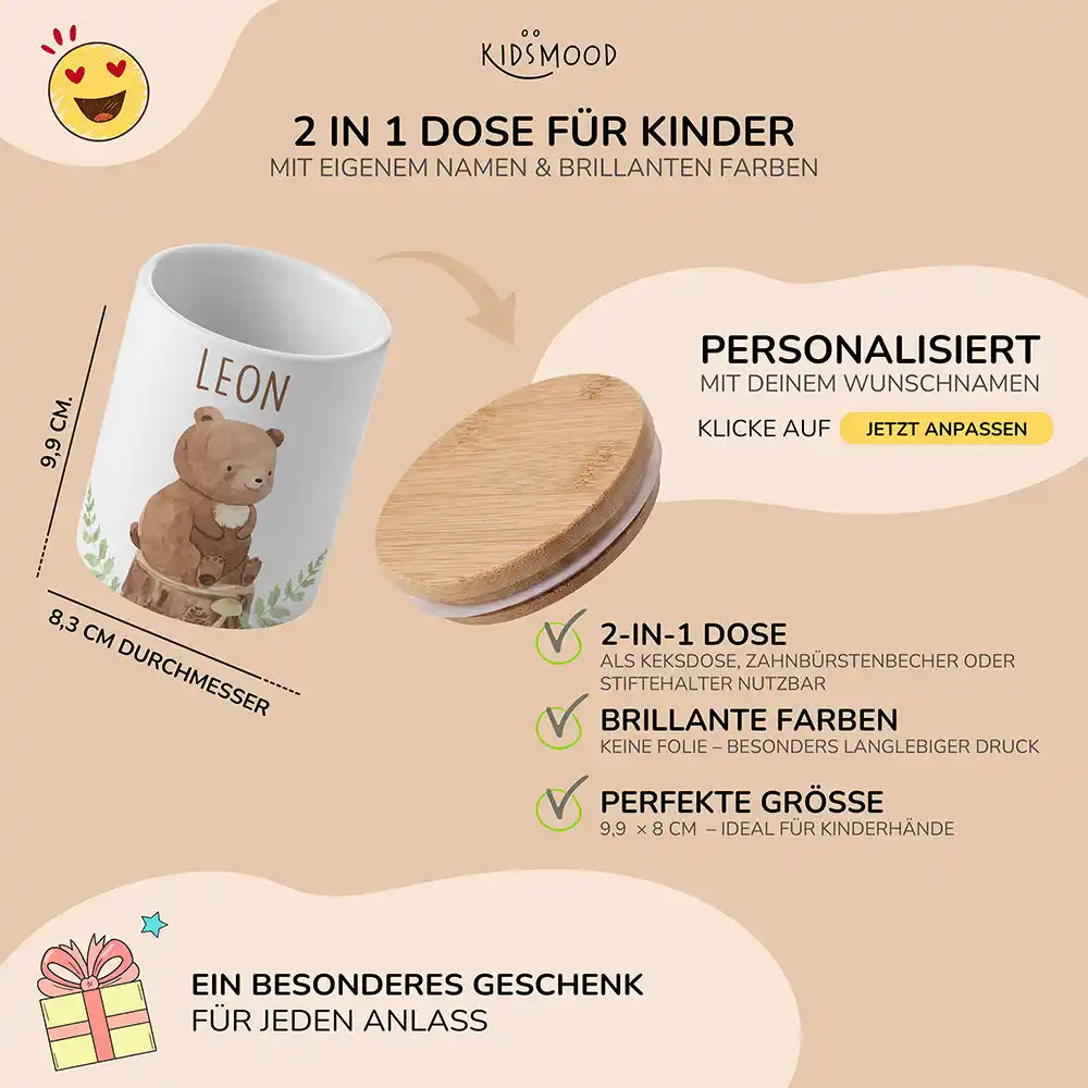 Personalisierte Keksdose BĂ€r Wald - mit eigenem Namen fuer kleine Schleckermaeuler